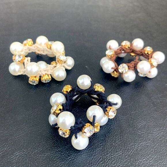 Set of 3 Pearl and Crystal Hair Ties Elastic Band Scrunchies - Picture 1 of 12